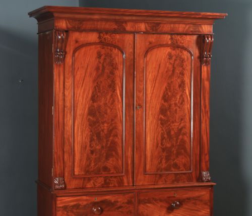 fig 1. Antique English Victorian Flame Mahogany Linen Press Wardrobe Armoire (Circa 1860)