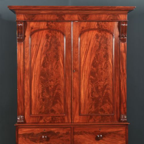fig 3. Antique English Victorian Flame Mahogany Linen Press Wardrobe Armoire (Circa 1860)