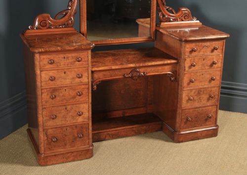 fig 1. Antique English Victorian Burr Walnut Pedestal Dressing / Vanity Table & Mirror (Circa 1860)