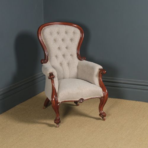 Antique English Victorian Mahogany Upholstered Spoon Back Armchair (Circa 1860)