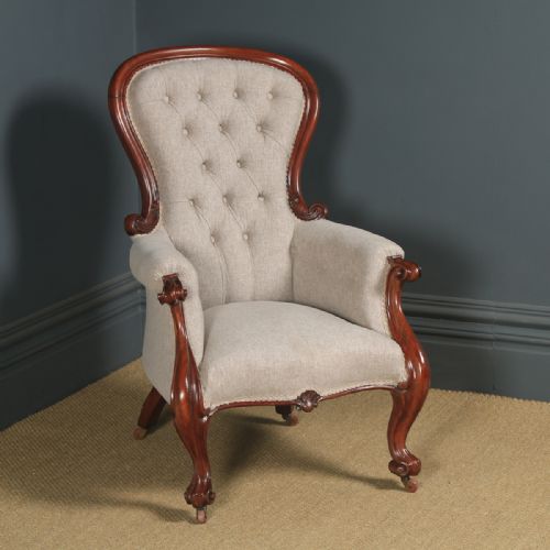 fig 1. Antique English Victorian Mahogany Upholstered Spoon Back Armchair (Circa 1860)