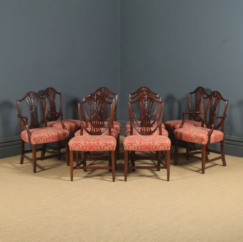 Antique Set of Ten 10 English Georgian Hepplewhite Style Shield Back Mahogany Dining Chairs (Circa 1880)