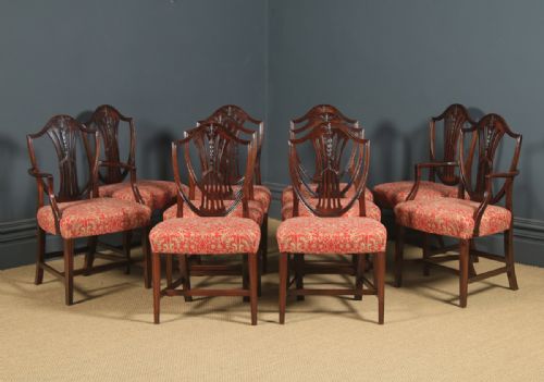 fig 1. Antique Set of Ten 10 English Georgian Hepplewhite Style Shield Back Mahogany Dining Chairs (Circa 1880)