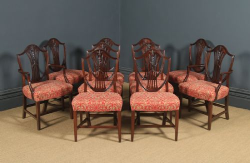 fig 5. Antique Set of Ten 10 English Georgian Hepplewhite Style Shield Back Mahogany Dining Chairs (Circa 1880)