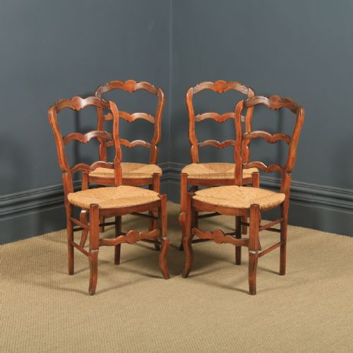 Antique French Set of 4 Four Louis XV Style Beech Ladder Back Rush Seat Kitchen Dining Chairs (Circa 1920)
