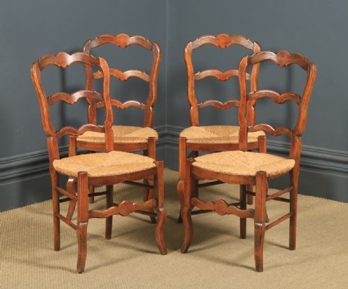 fig 1. Antique French Set of 4 Four Louis XV Style Beech Ladder Back Rush Seat Kitchen Dining Chairs (Circa 1920)