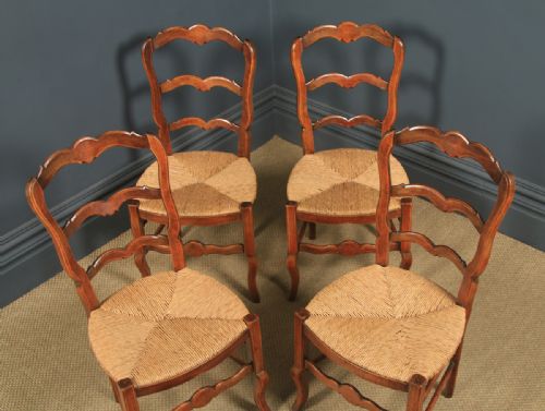 fig 2. Antique French Set of 4 Four Louis XV Style Beech Ladder Back Rush Seat Kitchen Dining Chairs (Circa 1920)
