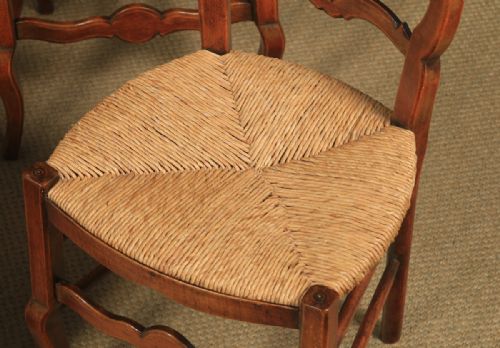 fig 4. Antique French Set of 4 Four Louis XV Style Beech Ladder Back Rush Seat Kitchen Dining Chairs (Circa 1920)