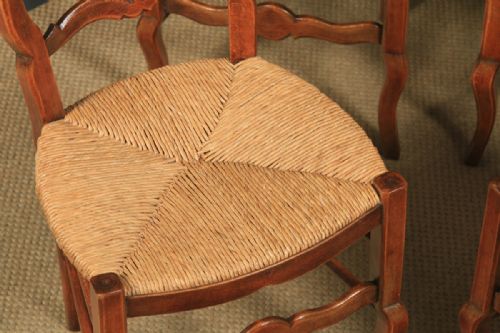 fig 5. Antique French Set of 4 Four Louis XV Style Beech Ladder Back Rush Seat Kitchen Dining Chairs (Circa 1920)
