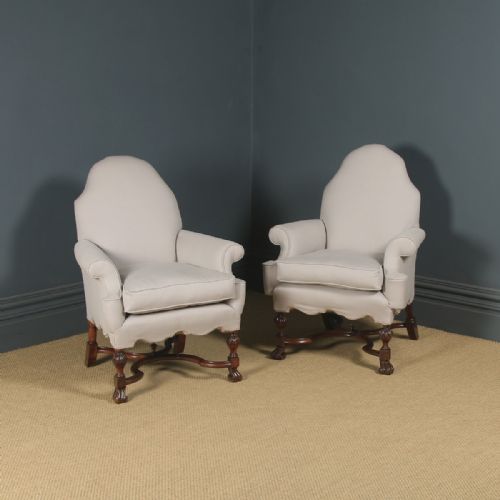 Antique English Pair of Queen Anne Style Upholstered Walnut Armchairs (Circa 1890)