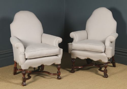 fig 1. Antique English Pair of Queen Anne Style Upholstered Walnut Armchairs (Circa 1890)