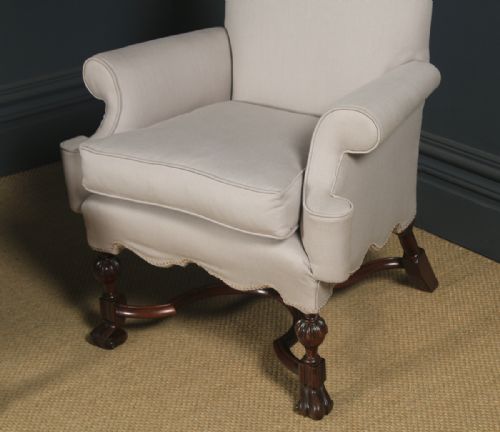 fig 2. Antique English Pair of Queen Anne Style Upholstered Walnut Armchairs (Circa 1890)