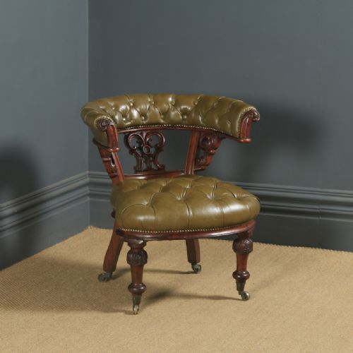 Antique English Victorian Oak & Green Leather Office Desk Arm Chair (Circa 1860)