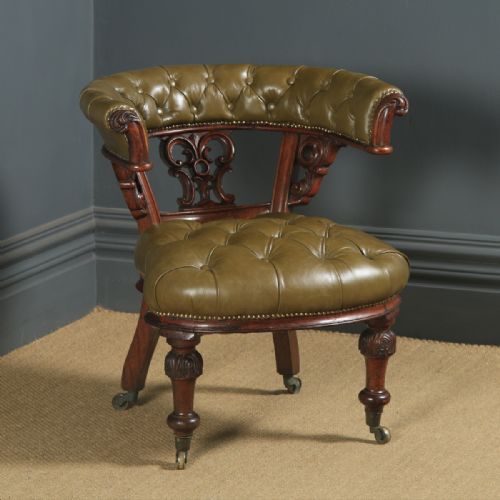 fig 1. Antique English Victorian Oak & Green Leather Office Desk Arm Chair (Circa 1860)