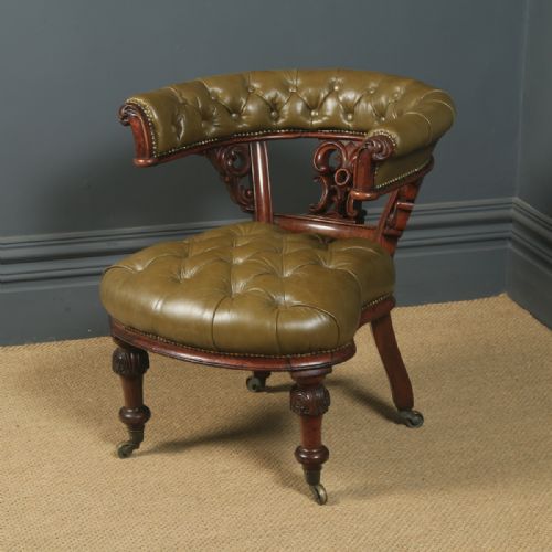 fig 2. Antique English Victorian Oak & Green Leather Office Desk Arm Chair (Circa 1860)