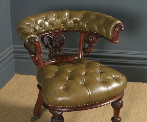 fig 3. Antique English Victorian Oak & Green Leather Office Desk Arm Chair (Circa 1860)