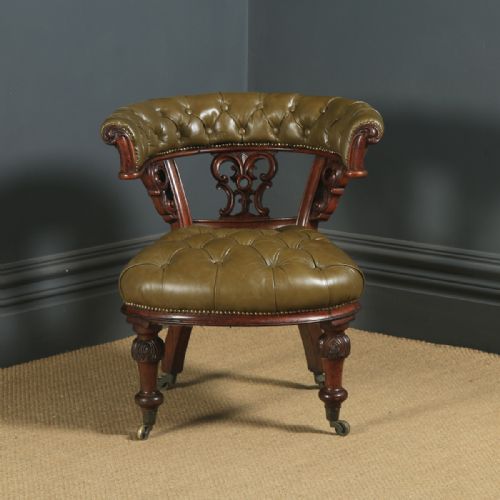 fig 4. Antique English Victorian Oak & Green Leather Office Desk Arm Chair (Circa 1860)