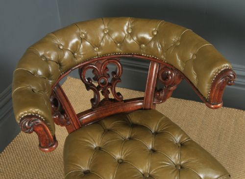 fig 5. Antique English Victorian Oak & Green Leather Office Desk Arm Chair (Circa 1860)