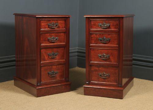 fig 1. Antique English Pair of Victorian Mahogany Bedside Tables / Chests / Nightstands (Circa 1900)