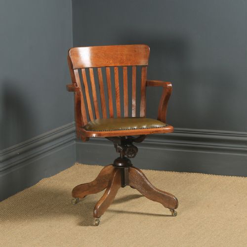 Antique English Edwardian Oak & Green Leather Revolving Office Desk Arm Chair (Circa 1910)