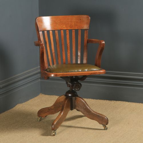 fig 1. Antique English Edwardian Oak & Green Leather Revolving Office Desk Arm Chair (Circa 1910)