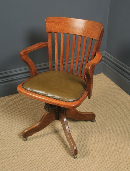 fig 2. Antique English Edwardian Oak & Green Leather Revolving Office Desk Arm Chair (Circa 1910)