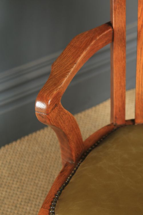 fig 4. Antique English Edwardian Oak & Green Leather Revolving Office Desk Arm Chair (Circa 1910)