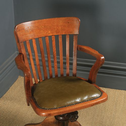 fig 5. Antique English Edwardian Oak & Green Leather Revolving Office Desk Arm Chair (Circa 1910)