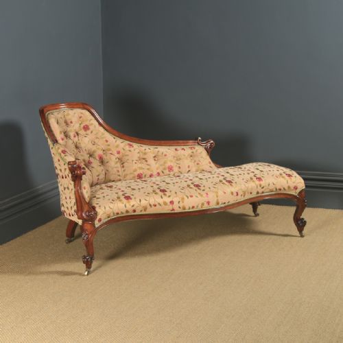 Antique English Victorian Mahogany Upholstered Chaise Longue Sofa Couch (Circa 1850)