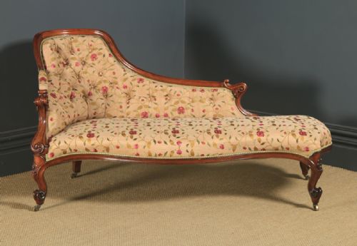 fig 6. Antique English Victorian Mahogany Upholstered Chaise Longue Sofa Couch (Circa 1850)