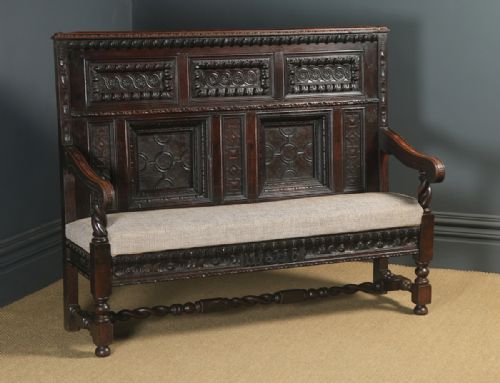 fig 1. Antique English 17th Century Style Victorian Oak Carved High Back Panelled Upholstered Settle (Circa 1870)