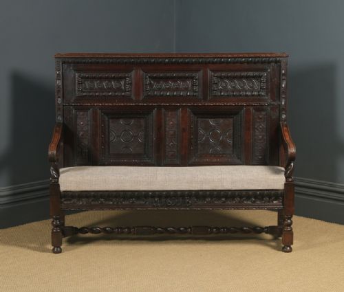 fig 2. Antique English 17th Century Style Victorian Oak Carved High Back Panelled Upholstered Settle (Circa 1870)