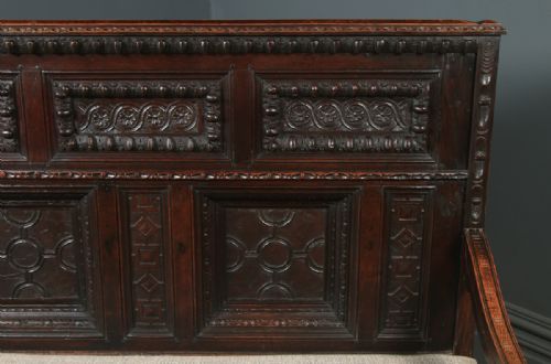 fig 3. Antique English 17th Century Style Victorian Oak Carved High Back Panelled Upholstered Settle (Circa 1870)
