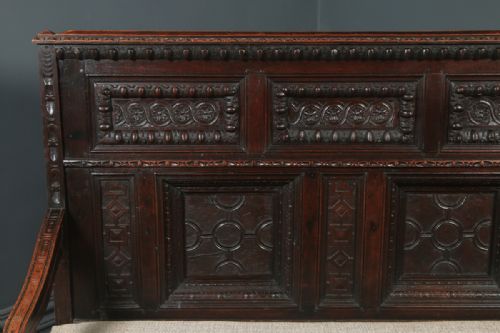 fig 4. Antique English 17th Century Style Victorian Oak Carved High Back Panelled Upholstered Settle (Circa 1870)