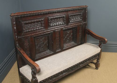 fig 5. Antique English 17th Century Style Victorian Oak Carved High Back Panelled Upholstered Settle (Circa 1870)