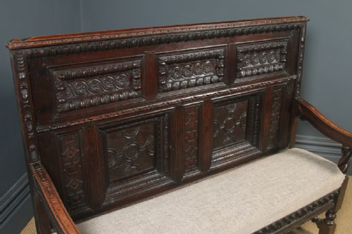 fig 6. Antique English 17th Century Style Victorian Oak Carved High Back Panelled Upholstered Settle (Circa 1870)