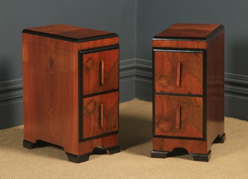 fig 1. Antique English Pair of Art Deco Figured Walnut Bedside Chests Tables Nightstands (Circa 1930)