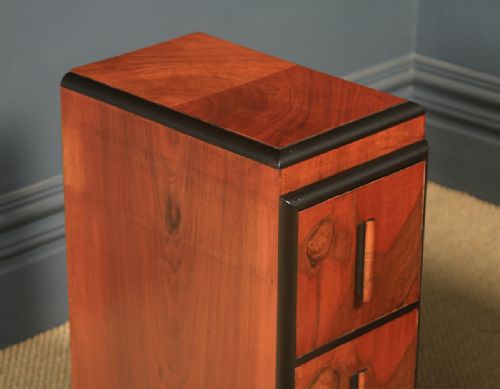 fig 2. Antique English Pair of Art Deco Figured Walnut Bedside Chests Tables Nightstands (Circa 1930)