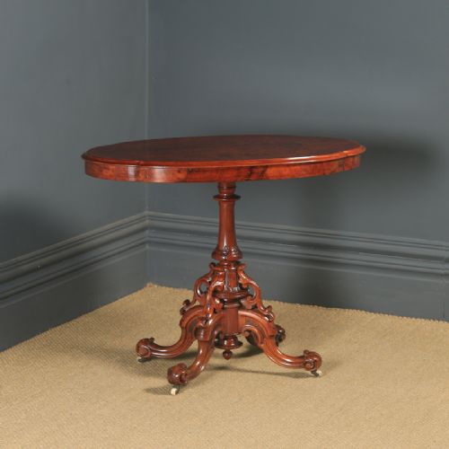 Antique English Victorian Burr Walnut Inlaid Oval Occasional / Silver / Centre Table (Circa 1860)