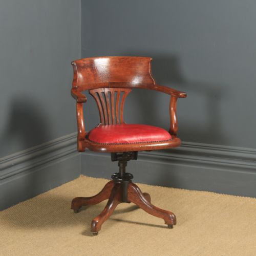 Antique English Edwardian Oak & Crimson Red Leather Revolving Office Desk Arm Chair (Circa 1910)