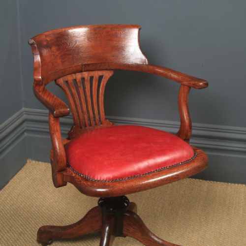 fig 1. Antique English Edwardian Oak & Crimson Red Leather Revolving Office Desk Arm Chair (Circa 1910)