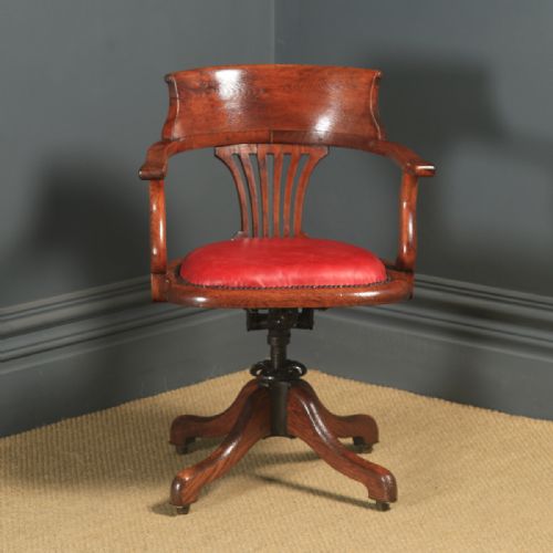 fig 2. Antique English Edwardian Oak & Crimson Red Leather Revolving Office Desk Arm Chair (Circa 1910)