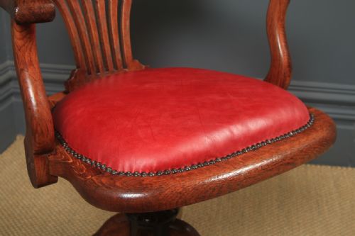 fig 4. Antique English Edwardian Oak & Crimson Red Leather Revolving Office Desk Arm Chair (Circa 1910)