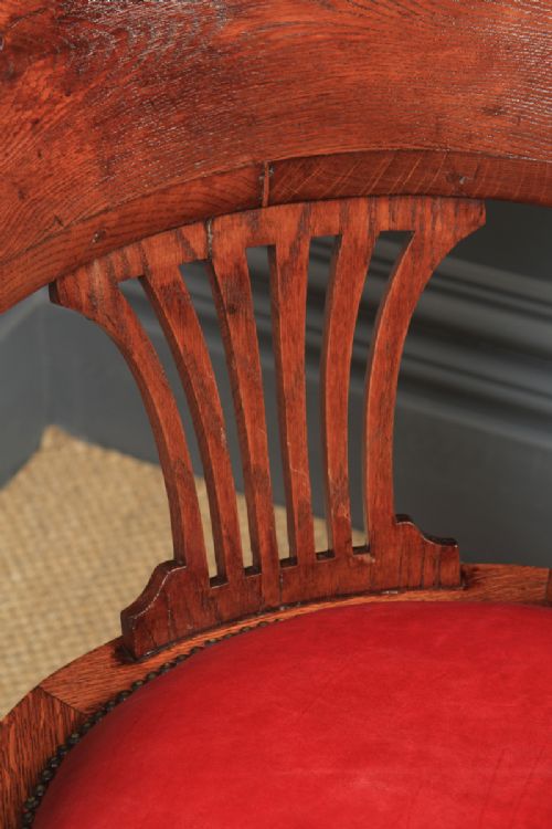 fig 5. Antique English Edwardian Oak & Crimson Red Leather Revolving Office Desk Arm Chair (Circa 1910)