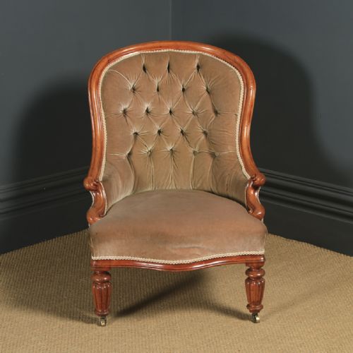 fig 1. Antique English Victorian Mahogany Upholstered Occasional / Nursing Armchair (Circa 1860)