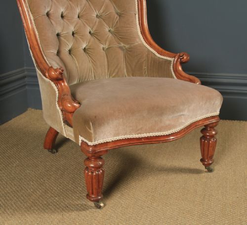 fig 4. Antique English Victorian Mahogany Upholstered Occasional / Nursing Armchair (Circa 1860)