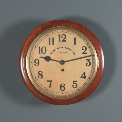Antique 16" Mahogany Anglo Swiss Challenge Railway Station / School Round Dial Wall Clock (Timepiece)
