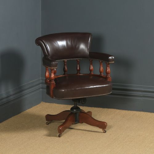 Antique English Edwardian Mahogany Revolving Captains Office Desk Armchair (Circa 1910)