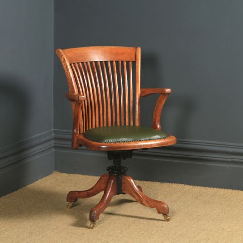 Antique English Edwardian Oak & Green Leather Revolving Office Desk Arm Chair (Circa 1910)