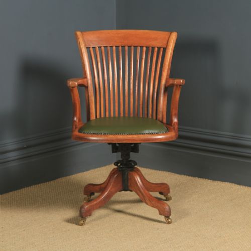 fig 1. Antique English Edwardian Oak & Green Leather Revolving Office Desk Arm Chair (Circa 1910)